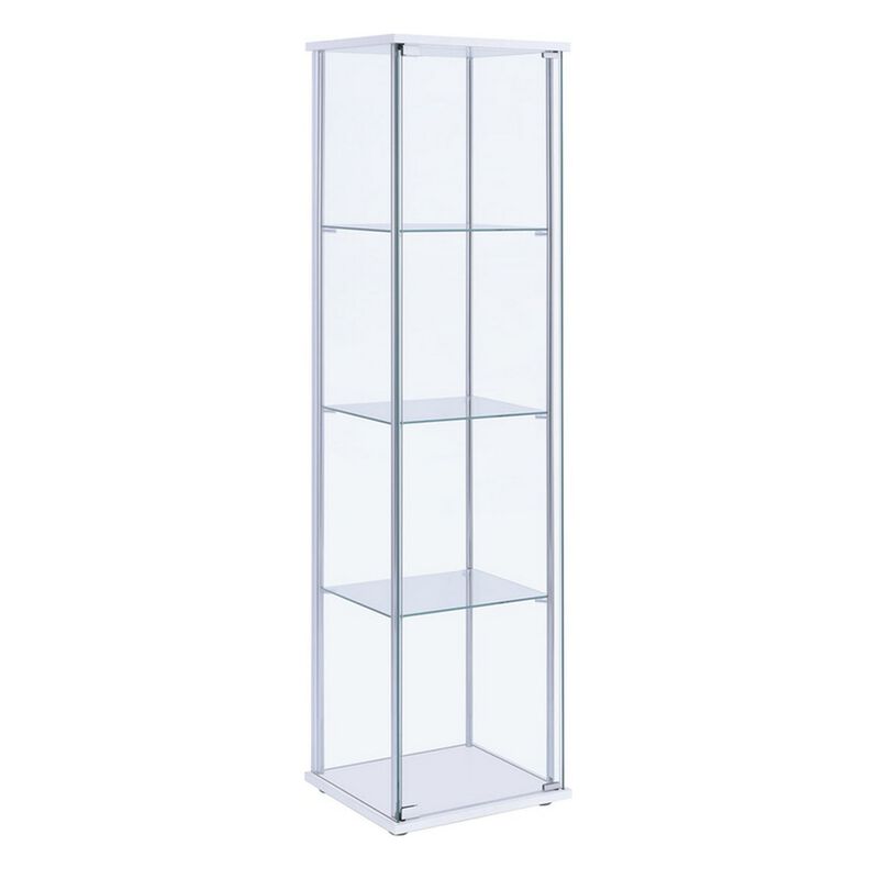 Glass and Metal Curio Cabinet with 4 Shelves, Clear and White-Benzara