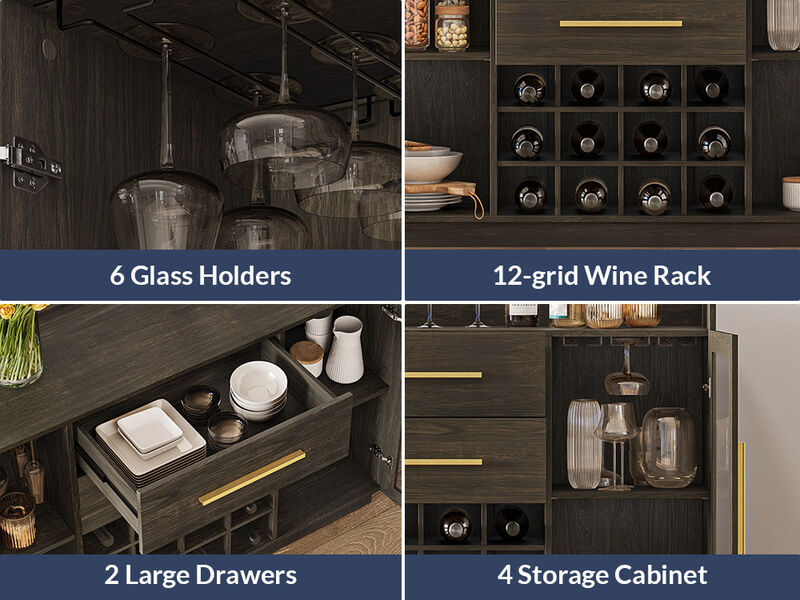 BELLEZE 55" Wine Cabinet, Sideboard Buffet with Wine Rack and Glass Holder, Home Coffee Bar Freestanding Liquor Cabinet with Display Glass Doors for Living Room, Dining Room - Marcel