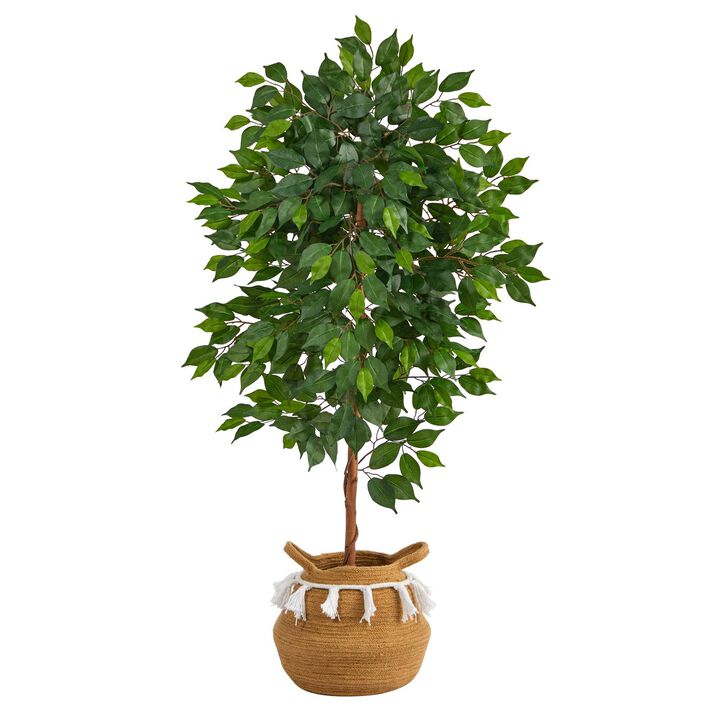 Nearly Natural 4-ft Ficus Artificial Tree in Boho Chic Handmade Natural Cotton Woven Planter with Tassels
