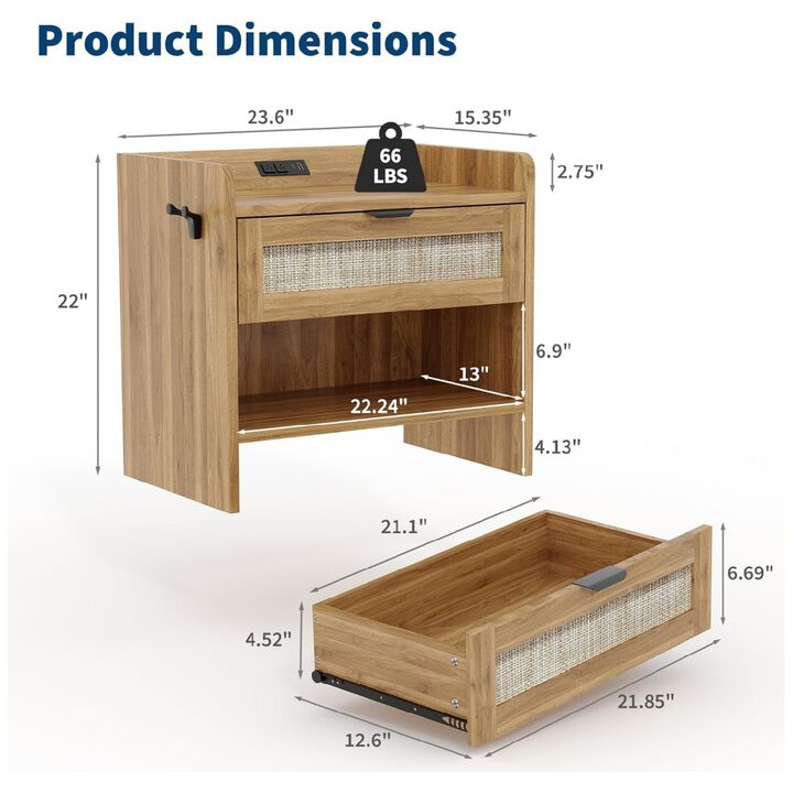 Rattan Nightstand Set of 2, Bedside Table with Type-C Charging Station - 1 Drawer & Open Storage Space, Boho End Table Side Table, Walnut Brown