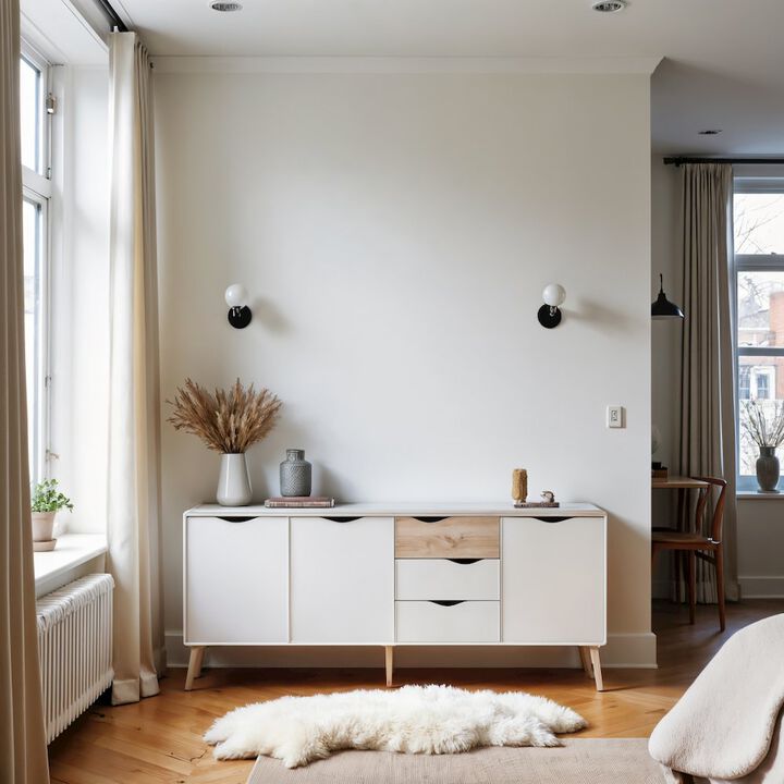 FurniFact White Sideboard Cabinet with Drawers - Stylish Fluted Cabinet for Storage