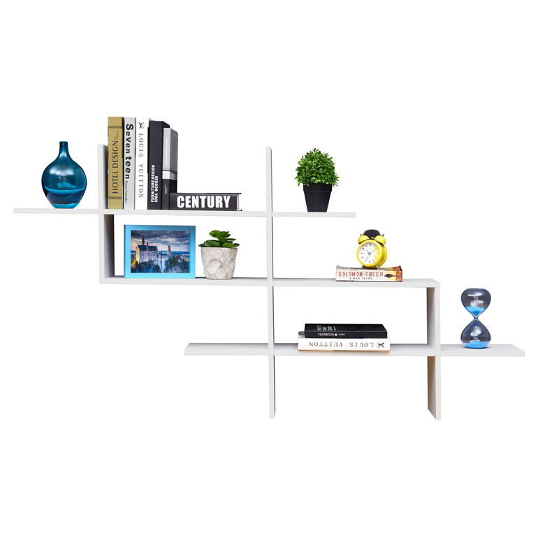 3-Tier Rustic Hanging Wall Mount Floating Ladder Accent Shelf with Criss Cross Asymmetrical Modern Design