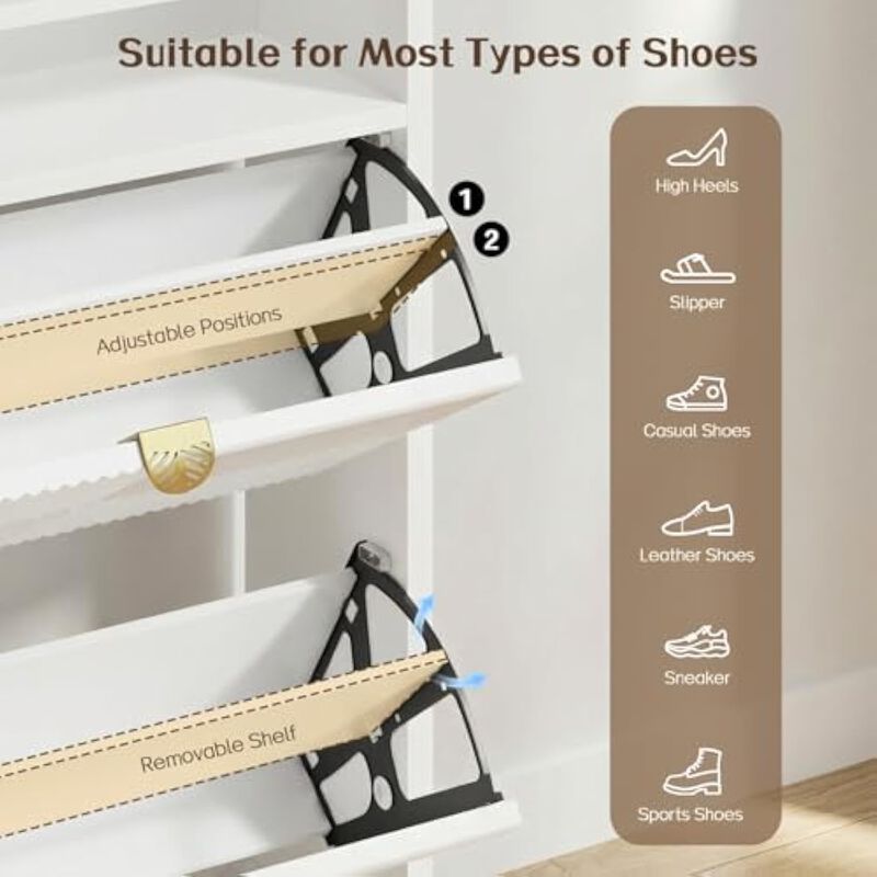 Slim Entryway Wood Shoe Storage Cabinet Flip Drawer Space Saving White image number 3