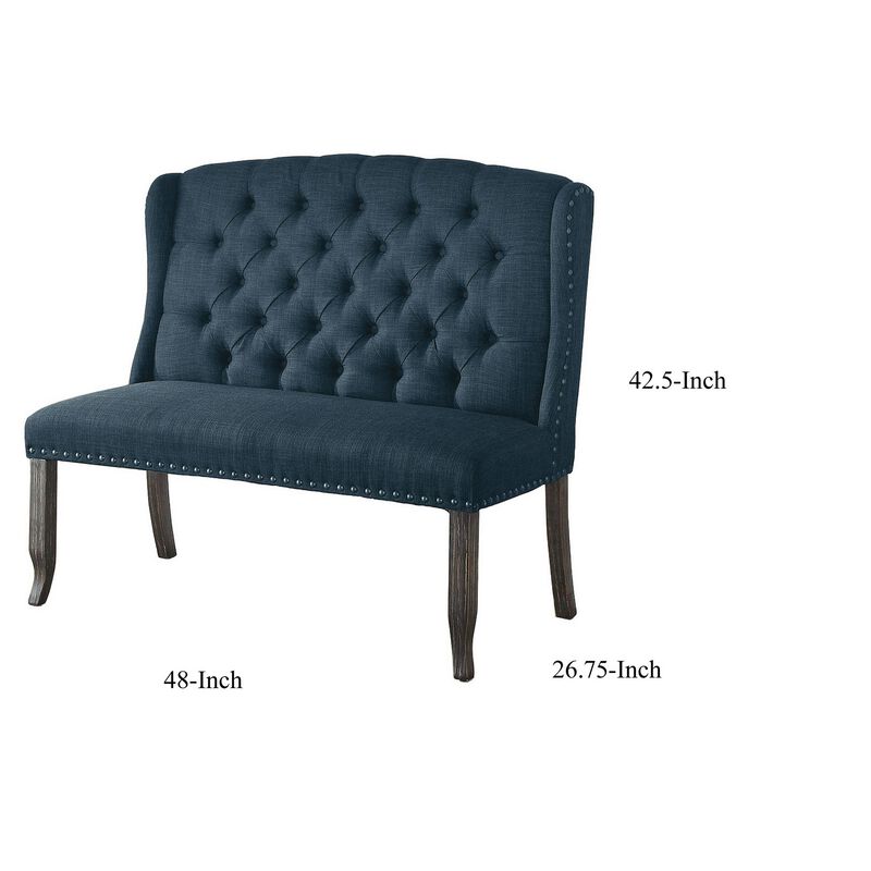 48 Inch Classic Loveseat Bench, 2 Seater, Linen, Tufted, Nailhead, Blue-Benzara
