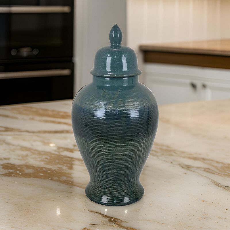 Caty 20 Inch Temple Jar, Finial Dome Lids, Classic, Ceramic, Green Finish - Benzara