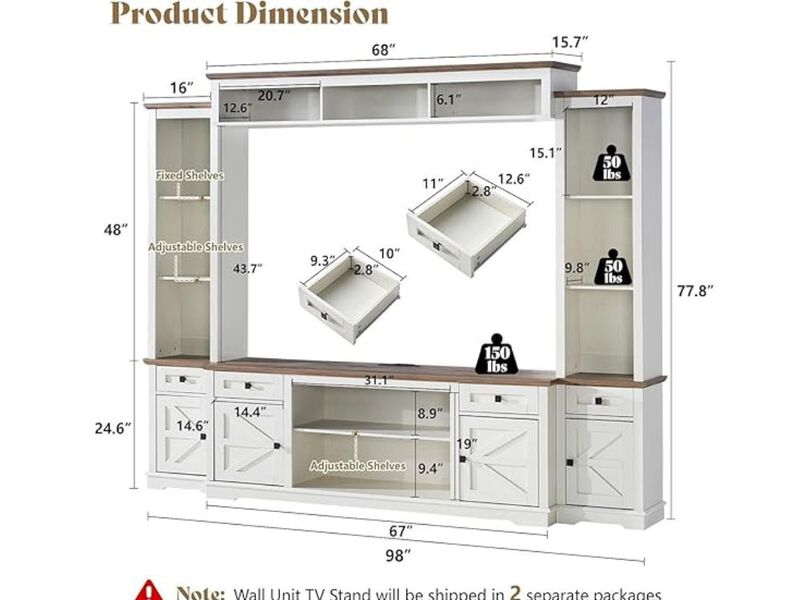 4 Piece Living Room Table Set Farmhouse TV Stand with Bookshelves Wine Cabinet image number 2