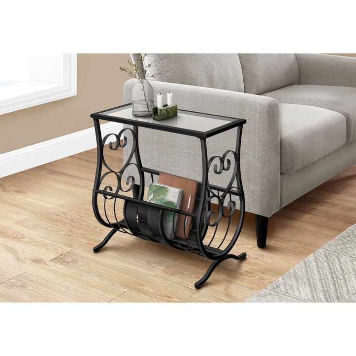 Monarch Specialties I 3314 Accent Table, Side, End, Magazine, Nightstand, Narrow, Living Room, Bedroom, Metal, Tempered Glass, Black, Clear, Traditional