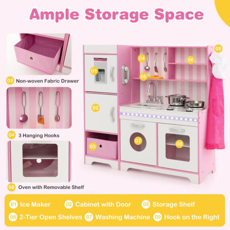 Hivvago Kids Kitchen Playset Wooden Toy with Adjustable LED Lights and Washing Machine