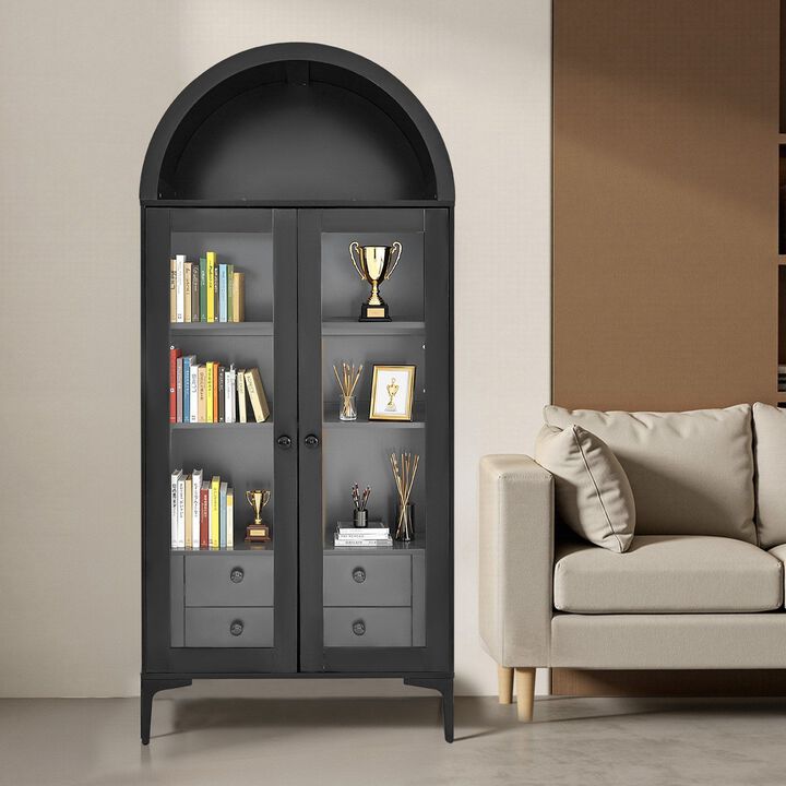 Tall Arched Display Cabinet with Glass Doors, Bookcase for Collectibles