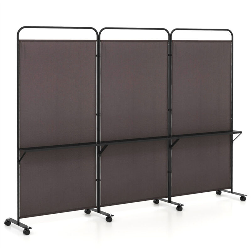Folding Partition with 3 Panels, Lockable Wheels, and 3 Metal Shelves, Room Divider and Storage Solution