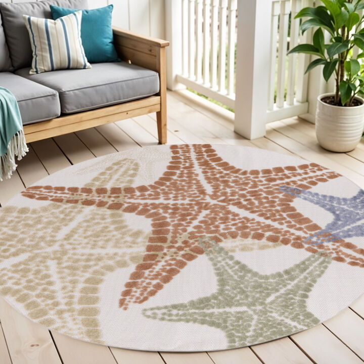 HomeRoots 5' Ivory Yellow Orange And Green Round Starfish Indoor Outdoor Area Rug