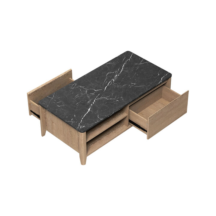 47 Inch Modern Farmhouse Double Drawer Coffee Table for Living Room or Office, Wood and Marble Texture