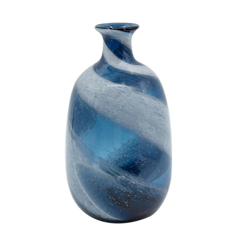 HomeRoots 13" Blue And White Striped Swirl Art Glass Table Vase image number 4