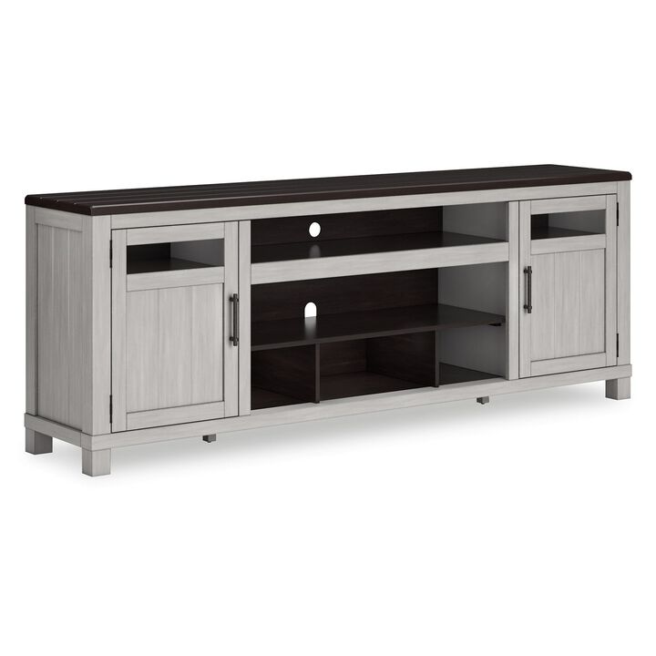 Darn TV Media Console, Open Space, Gray, Brown Acacia Wood, 88 Inch - Benzara