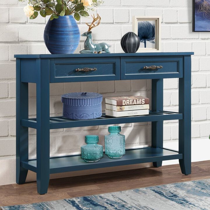 Console Sofa Table with 2 Storage Drawers and 2 Tiers Shelves, Mid-Century Style 42" Solid Wood Buffet Sideboard for Living Room Furniture Kitchen Dining Room Entryway Hallway, Navy Blue