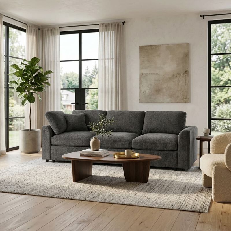 Chenille 3 seater sofa, U style deep seat couch with throw pillow, Contemporary living room sofa with solid wood frame image number 3