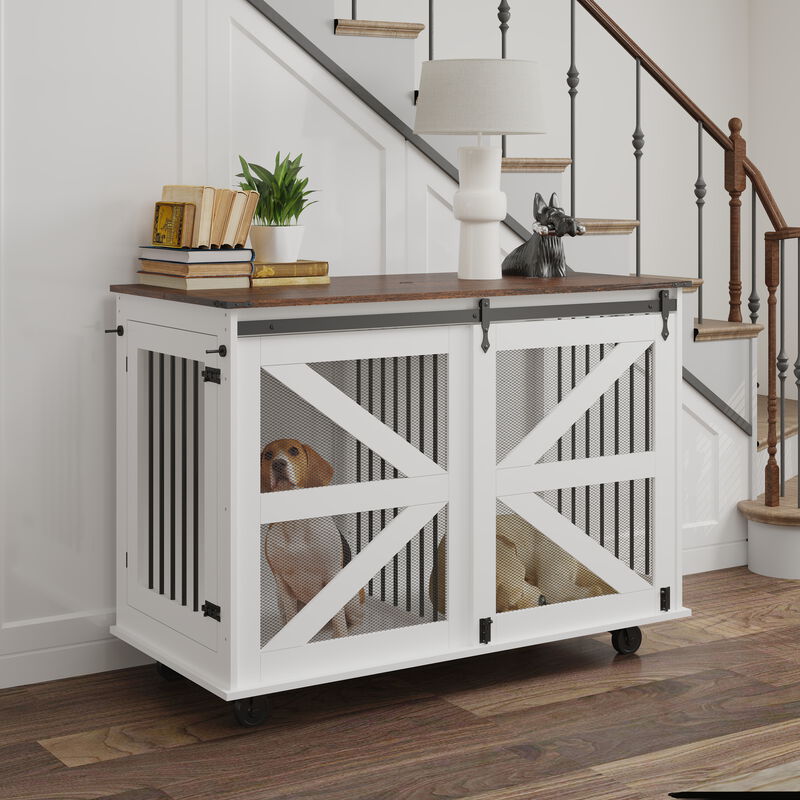 47.2" Mobile Dog Crate with Flip-Top Feeding Door, Dual-Access & 5 Caster System, Side Hooks image number 3