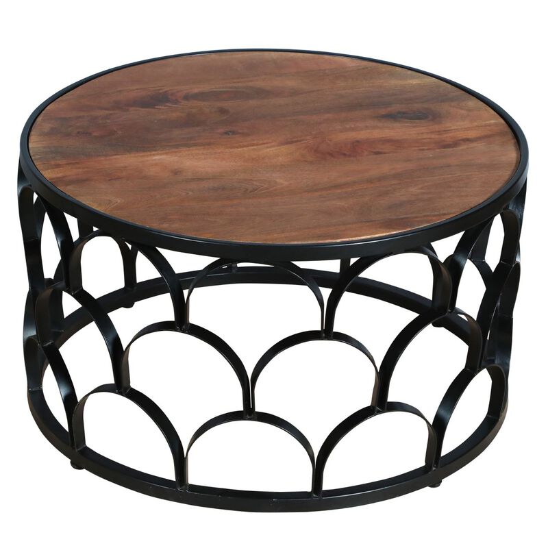 32 Inch Round Coffee Table, Mango Wood Top, Lattice Cut Out Metal Frame, Brown, Black