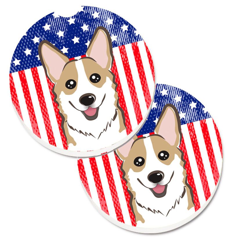 Caroline's Treasures American Flag & Sable Corgi Set of 2 Cup Holder Car Coasters BB2183CARC, 2.56, Multicolor