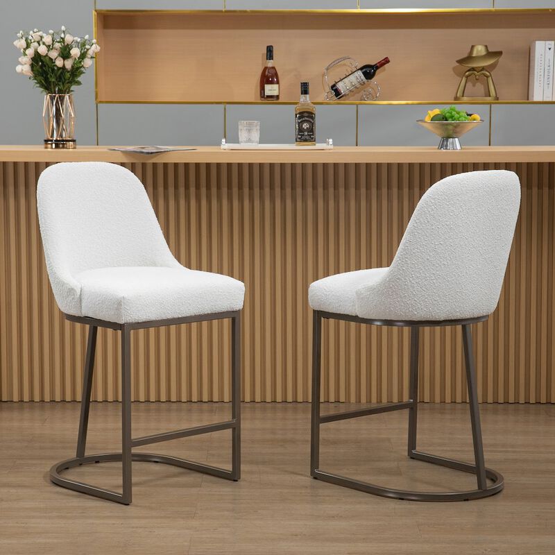 Glamour Home Set of 2 Ayane White Boucle Fabric Counter Stool with Iron Legs