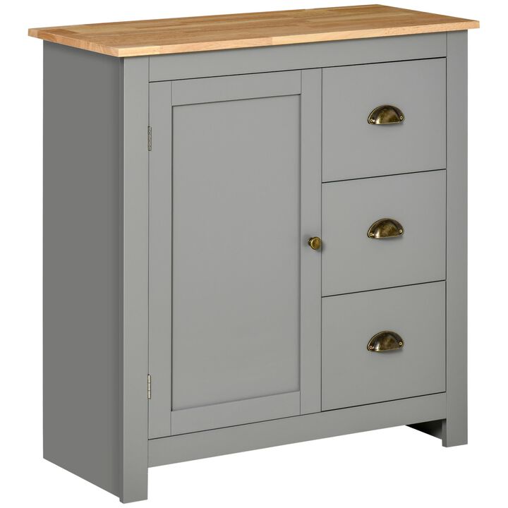 Gray Modern Buffet: Storage Cabinet with Rubberwood Top and Drawers