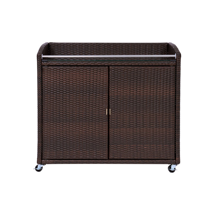Veronica Outdoor Portable PE Rattan Serving Cart with Wheels, Brown
