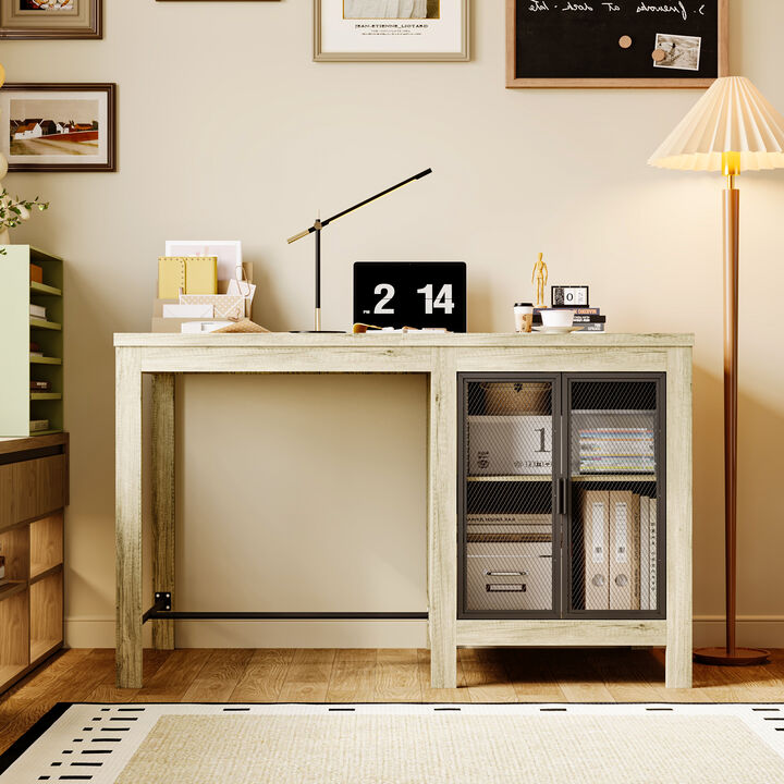 FUFU&GAGA White Oak Textured Office Desk with Metal Mesh Cabinet Door and Adjustable Shelf, Modern Workstation Table (63 in. L x 31.5 in. W x 38.6 in. H),White Oak