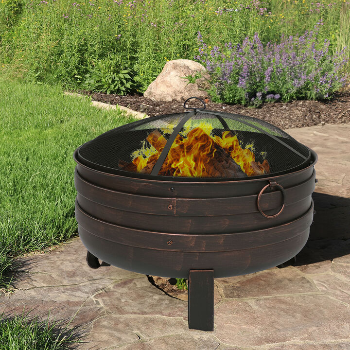 Sunnydaze 24 in Steel Cauldron Fire Pit with Spark Screen and Cover - Bronze