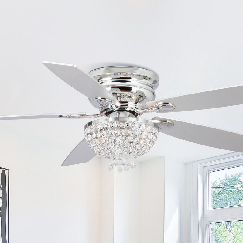 52" Modern Chrome Low Profile Crystal Ceiling Fan with Remote and 3-Speed Motor