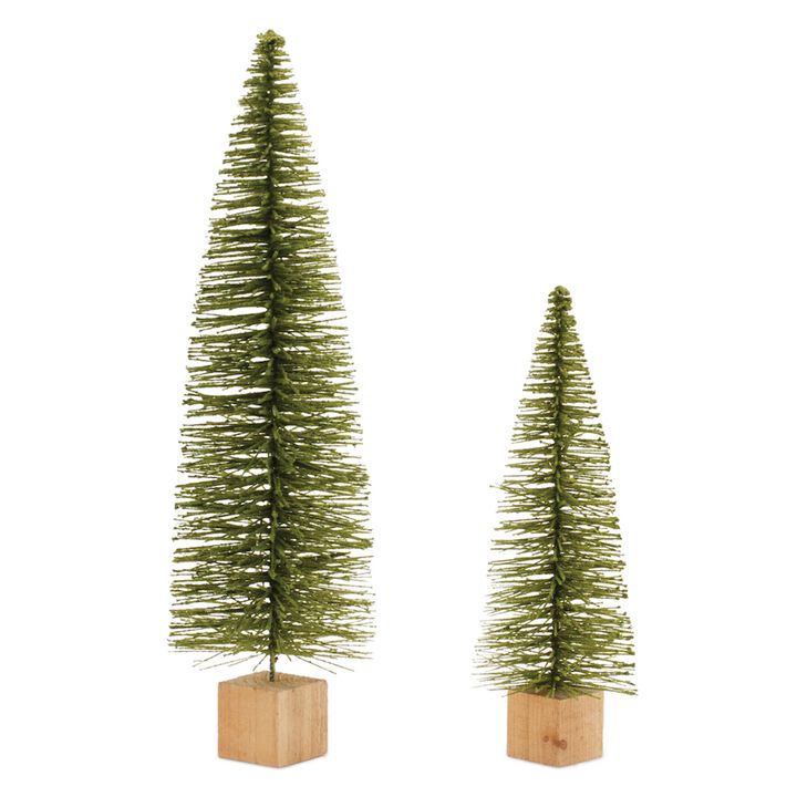 Glittered Bottle Brush Tree Set – 2-Piece Miniature Christmas Trees for Winter Tabletop, Holiday Shelf Decor, and Mantel Accents