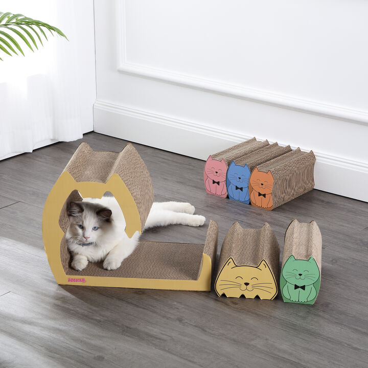 Kazoku 15.63" Modern Cardboard 5-in-1 Family Cat Cave Scratcher with Catnip and Pull-Out Design, Multi-Colored