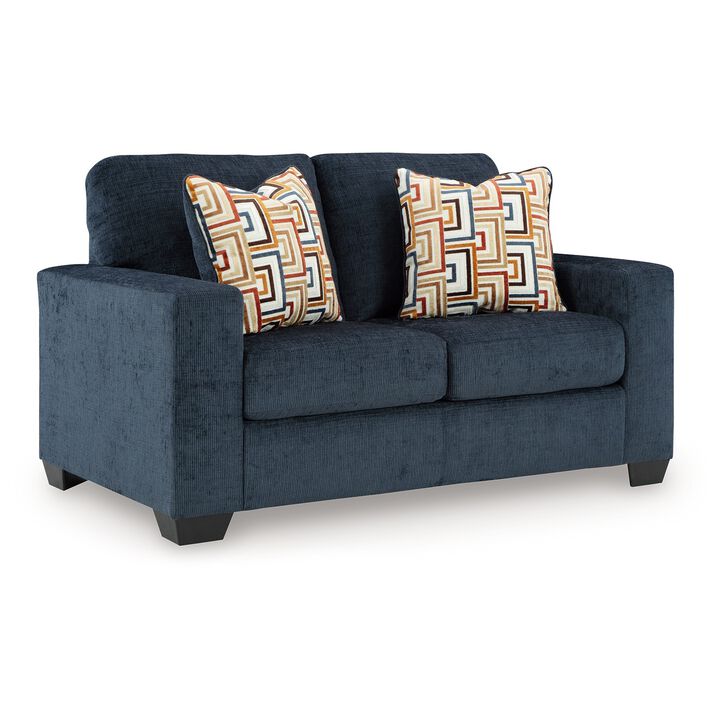 Avie Loveseat, 2 Accent Pillows, Soft Navy Blue Polyester, 62 Inch