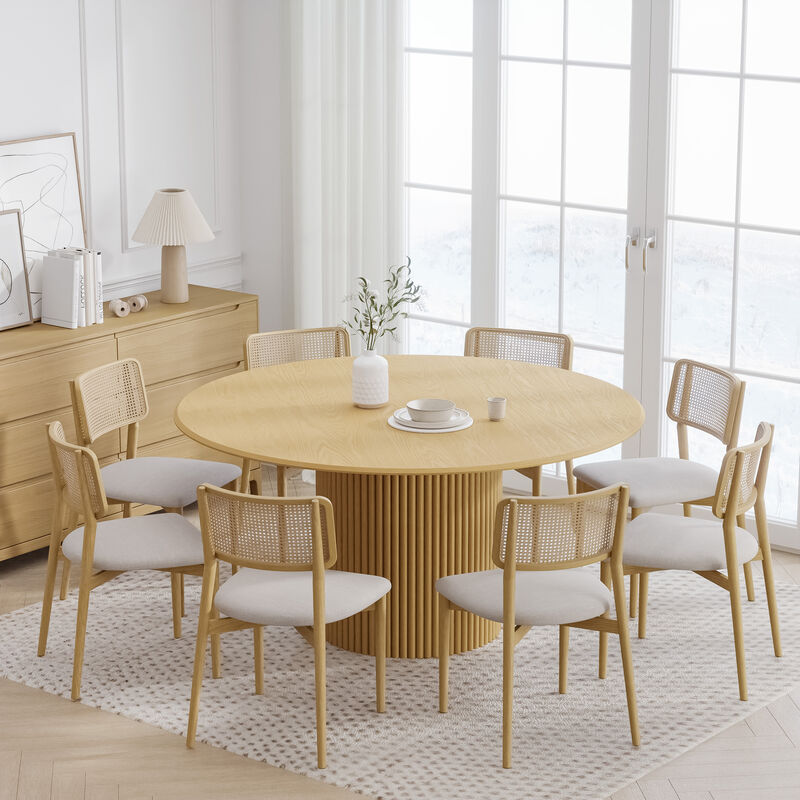 60 Inch Round Natural Wood Dining Table Seats 4-6 People, Suitable for Living Room and Dining Room