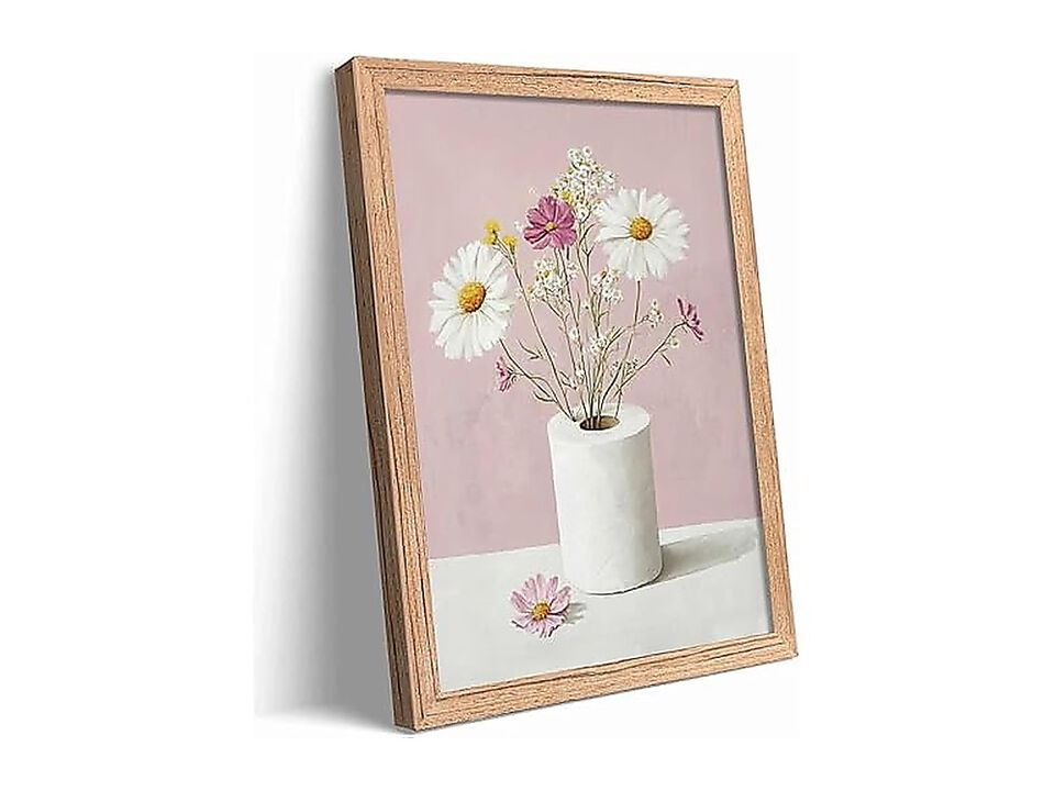 Framed Funny Bathroom Canvas Wall Art Pink Daisy Floral Botanical Decor Toilet
