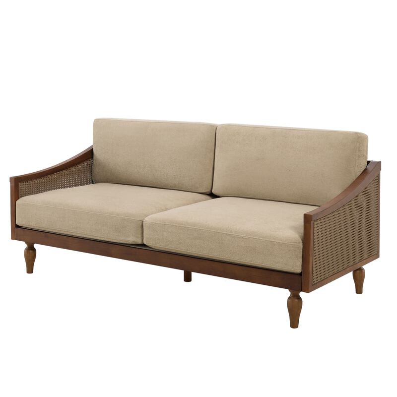 Mid-century modern 3-seater sofa couch, chenille upholstered sofa with rattan armrests, rubberwood frame sofa for apartment living room image number 4
