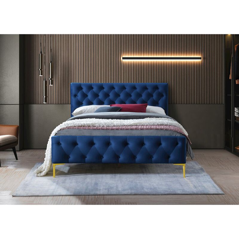 Omax Decor France Wood and Fabric Upholstered Queen Platform Bed in Blue