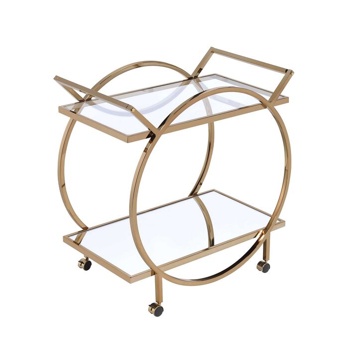 Metal Serving Cart with Mirrored Open Shelf and Tubular Angled Handles, Gold and Clear-Benzara