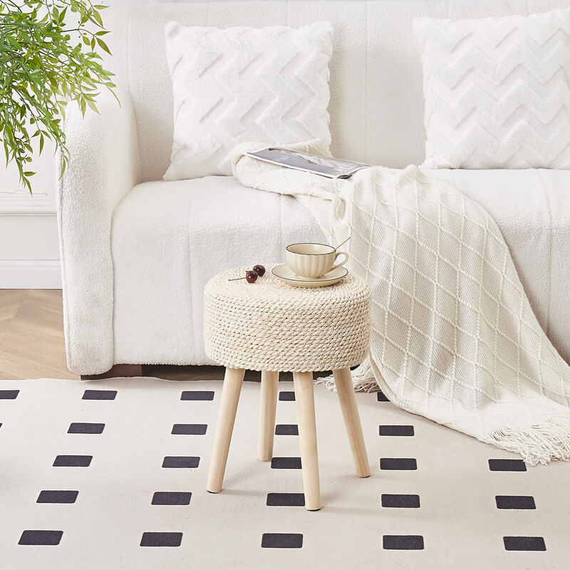 Round Seagrass Ottoman Footstool with Solid Wood Legs, Handwoven Hyacinth Pouf