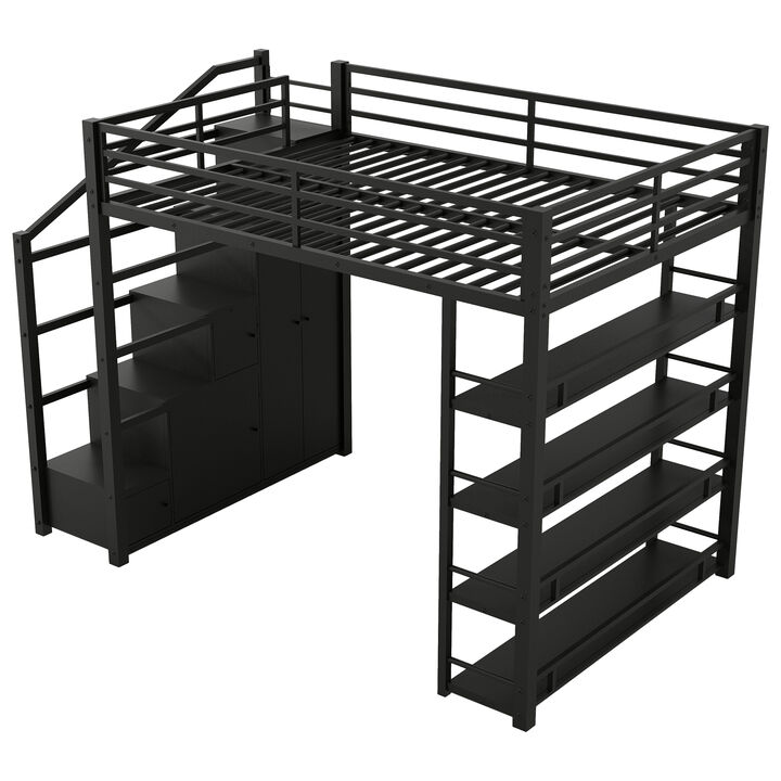 Merax Full Size Metal Loft Bed with 4-Tier Open Shelves, Storage Staircase