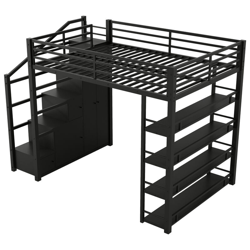 Merax Full Size Metal Loft Bed with 4-Tier Open Shelves, Storage Staircase image number 0