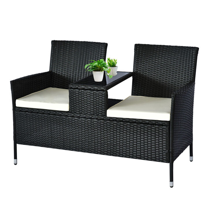 Outsunny Outdoor Patio Loveseat Conversation Furniture Set, Cushions & Built-in Coffee Table, Small 2-in-1 2 Person Seating for Front Porch, Balcony, Black