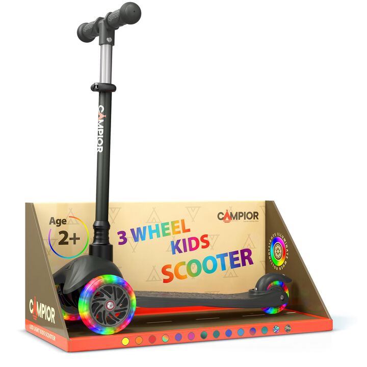 Mini 3 Wheel Scooter for Kids &ndash; Lean-to-Steer Kick Scooter with LED Light-Up Wheels, Adjustable Handlebar, Wide Anti-Slip Deck, Smooth PU Wheels, Rear Foot Brake &ndash; Toddler Scooter for Ages 2+