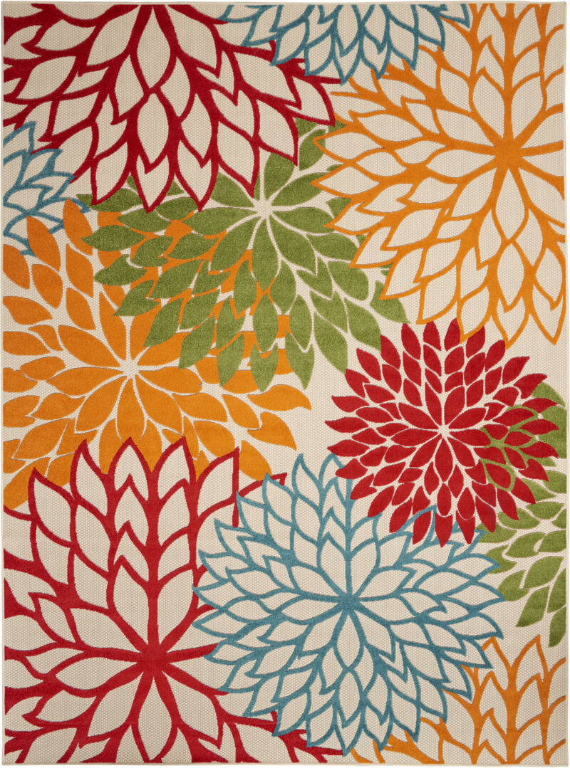 HomeRoots 7' X 10' Ivory Green Blue Orange And Red Floral Indoor Outdoor Area Rug image number 0