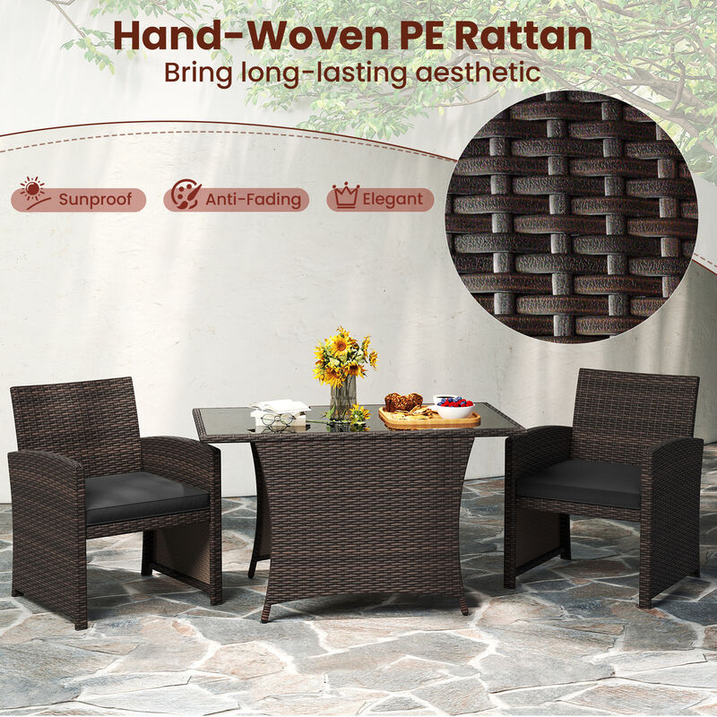 3 Piece Patio Wicker Dining Set with Rectangle Tempered Glass Dining Table
