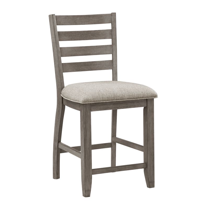 Trea 26 Inch Counter Height Chair, Ladder Back, Polyester, Gray Wood, Set of 2