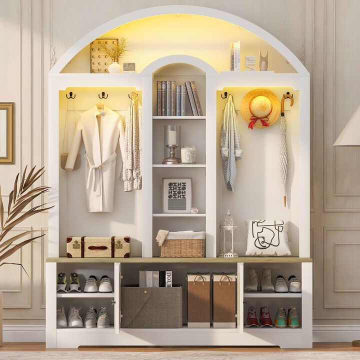 Merax Curved Two-Tone Hall Cabinet with Hooks, Shelves & Shoe Storage &ndash; Scandinavian Design