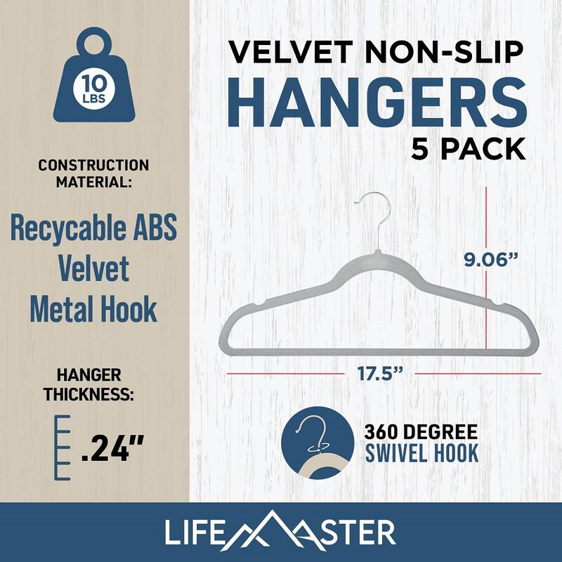 Velvet Clothes Hangers &ndash; with 360 Degree Swivel Hook and Non-Slip Shoulder Notch, Holds Up to 10 lbs, Heavy Duty Hanger Set, for Organizing Suit, Dress, Coat, and Clothes, Pack of 5, Gray