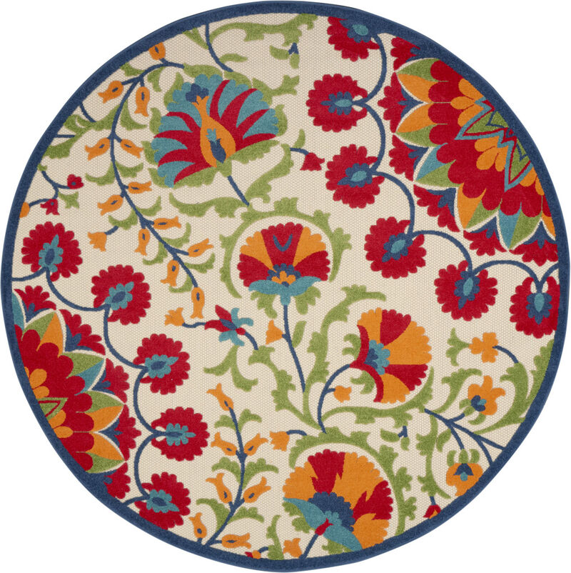 HomeRoots 8' Navy Blue Beige Green Blue And Red Round Floral Indoor Outdoor Area Rug image number 2