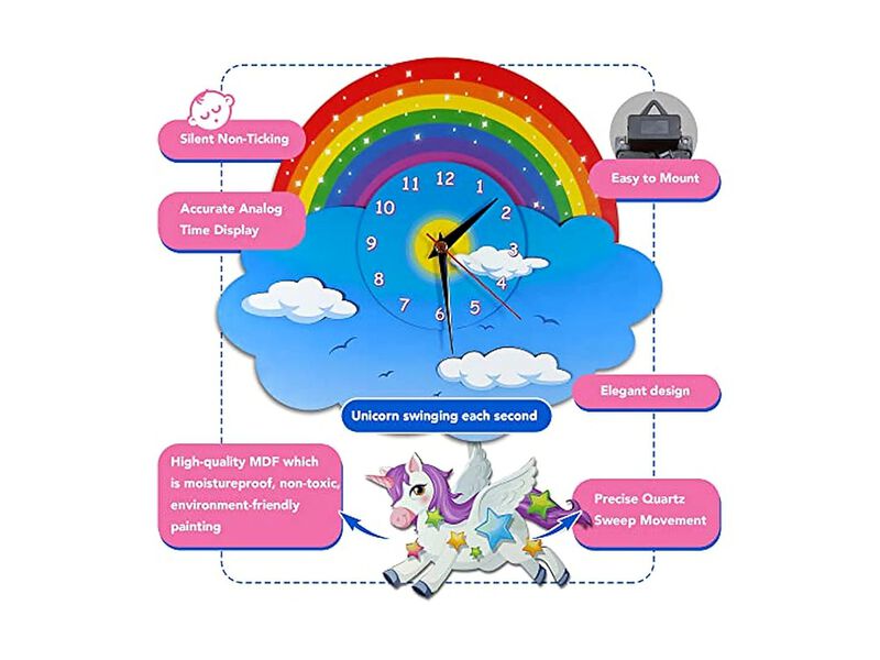 Unicorn Rainbow Pendulum Three Dimensional Wall Clock Wood Bedroom Decor image number 2
