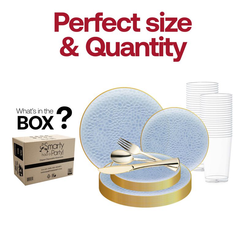 Clear Blue with Gold Rim Hammered Glass Plastic Wedding Value Set (60 Sets) image number 3